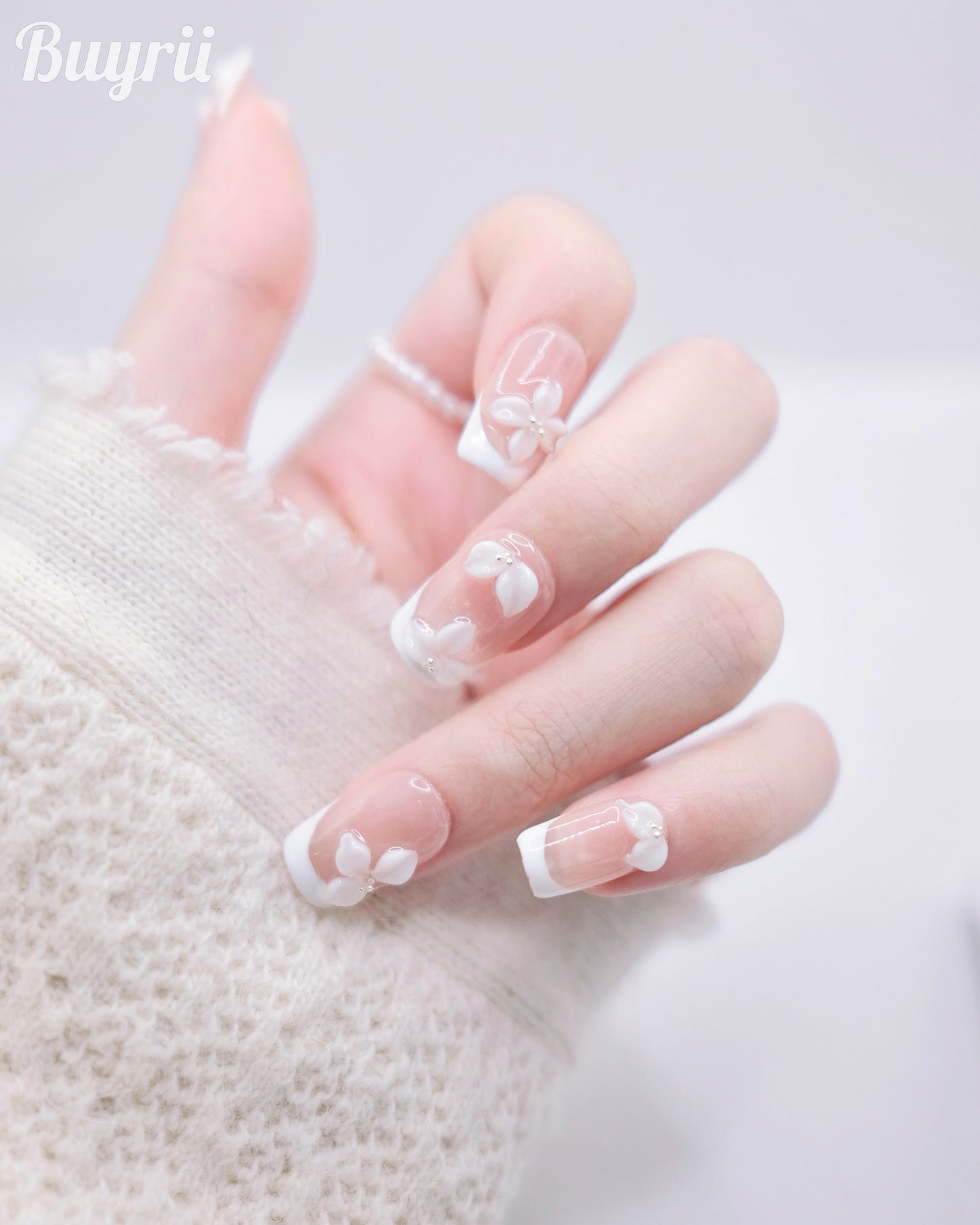 Mid-Long Coffin Nude Embossed Flower French Manicure Press On Nails