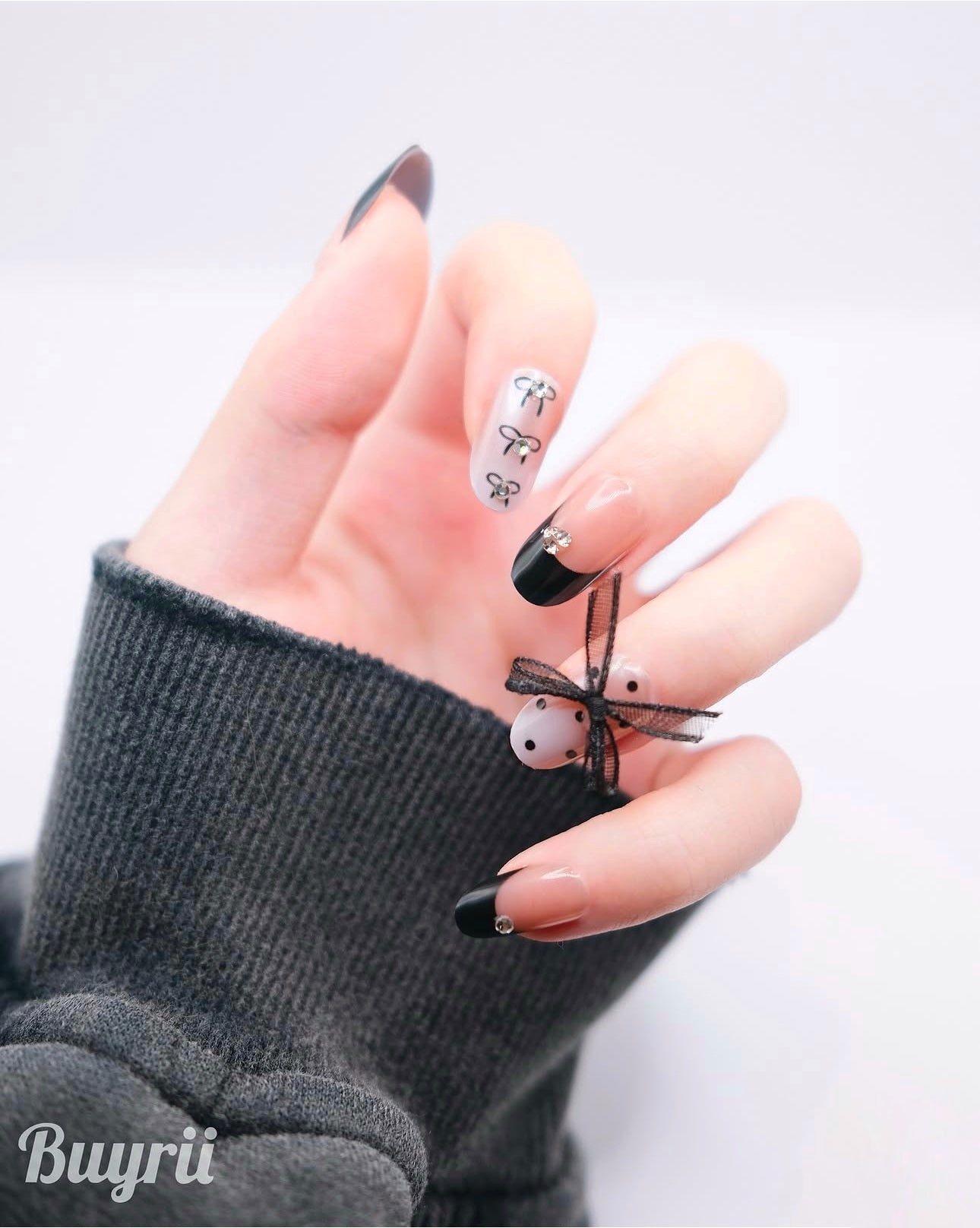 Short Oval Pink & Black French Manicure With Bowtie Press On Nails
