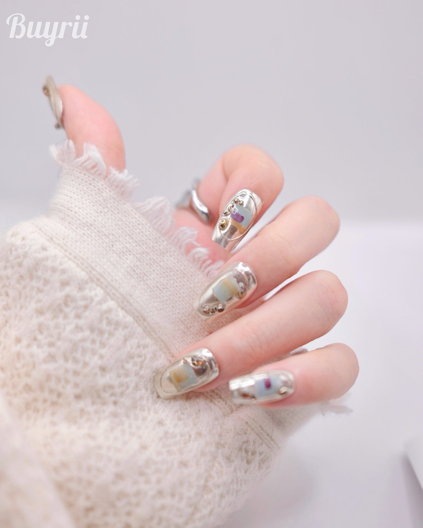 Mid-Long Coffin Silver Mirror & Diamond Press On Nails