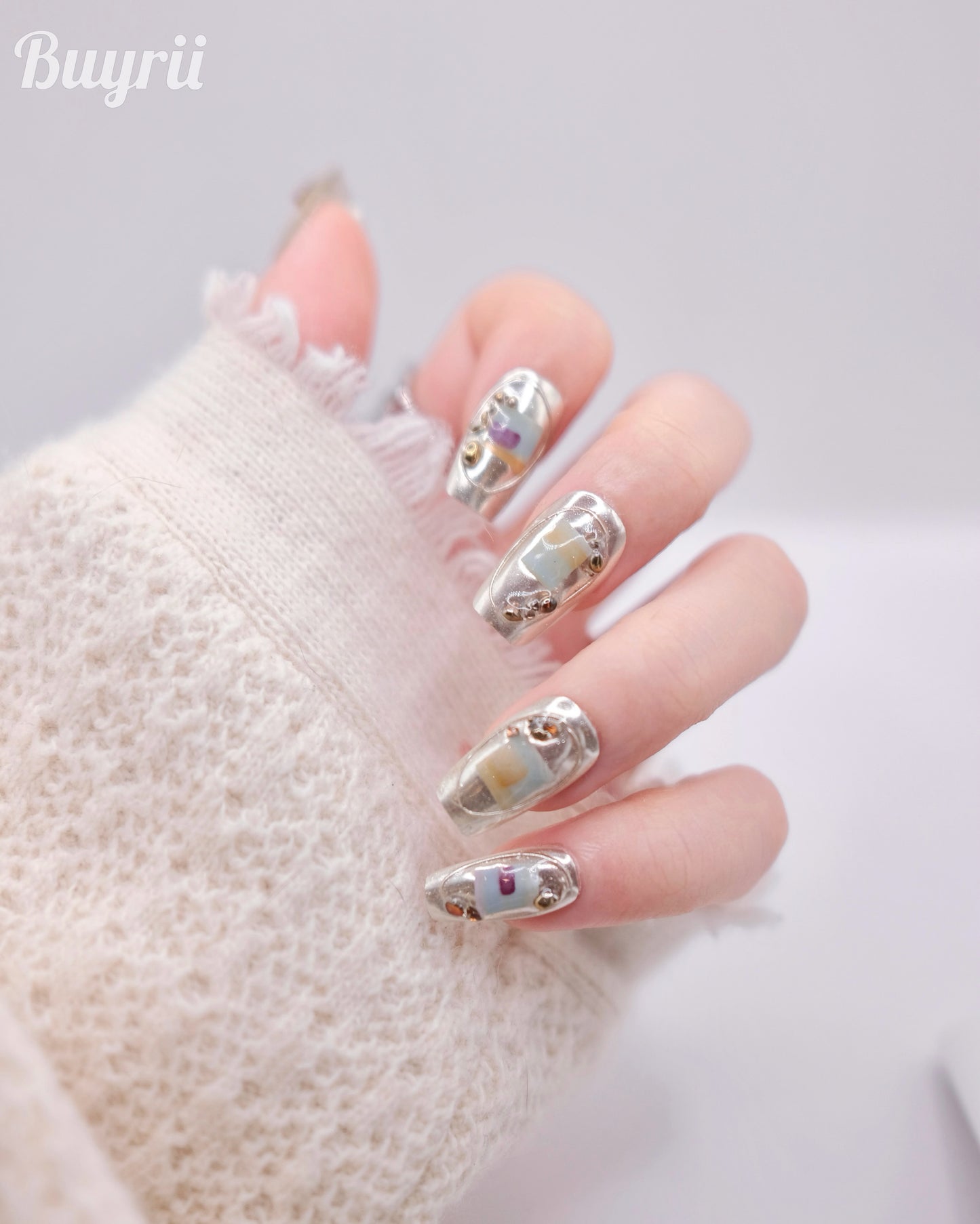 Mid-Long Coffin Silver Mirror & Diamond Press On Nails