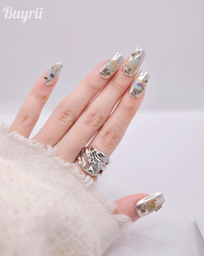 Mid-Long Coffin Silver Mirror & Diamond Press On Nails
