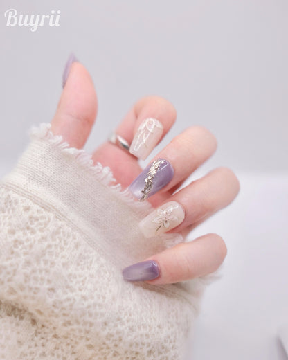 Mid-Long Coffin Purple & White Embossed Flower Press On Nails