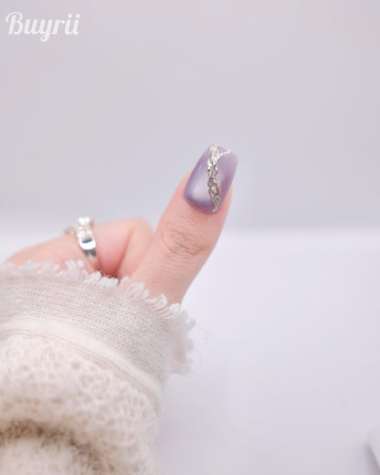 Mid-Long Coffin Purple & White Embossed Flower Press On Nails