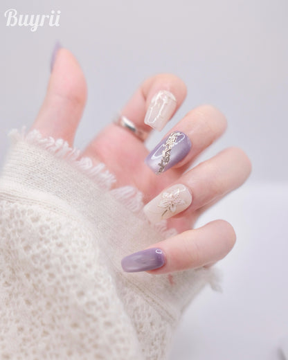 Mid-Long Coffin Purple & White Embossed Flower Press On Nails