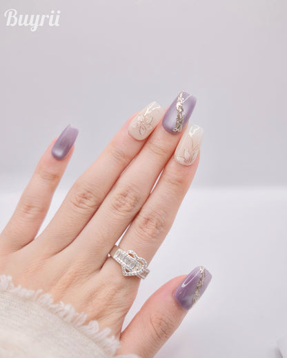 Mid-Long Coffin Purple & White Embossed Flower Press On Nails