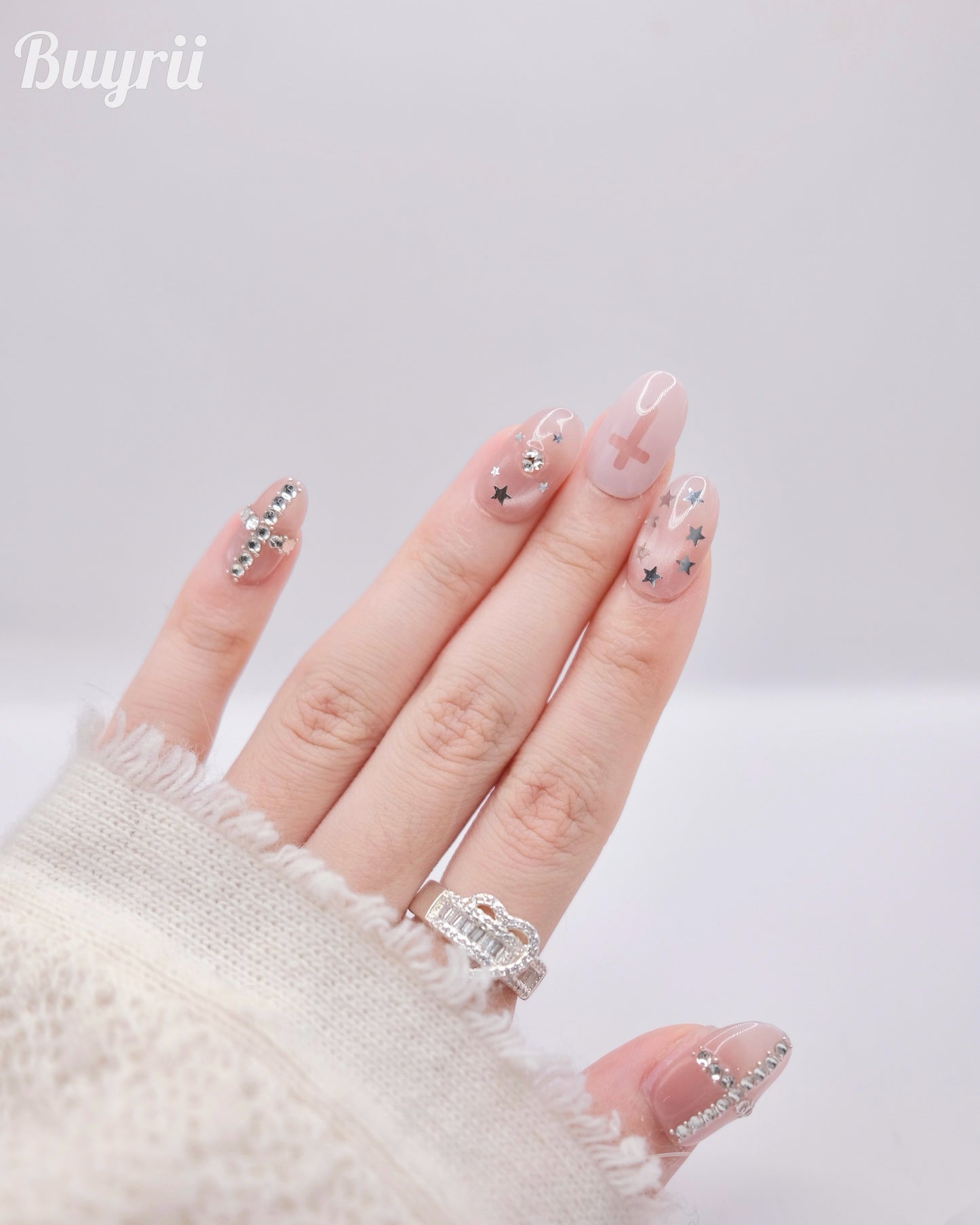 Mid-Long Oval Nude Color Diamond Cross Press On Nails