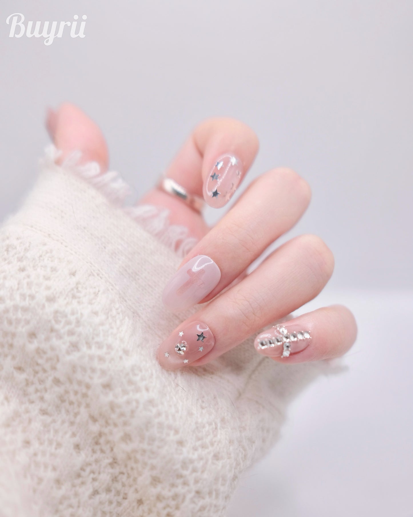 Mid-Long Oval Nude Color Diamond Cross Press On Nails