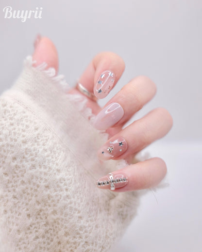Mid-Long Oval Nude Color Diamond Cross Press On Nails