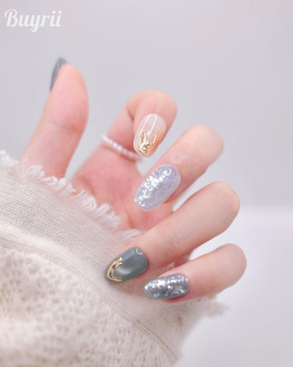 Mid-Long Oval White & Blue With Embossed Flower Press On Nails