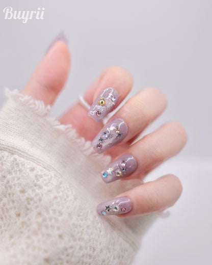 Mid-Long Coffin Purple Cateye Colorful Gem Press On Nails