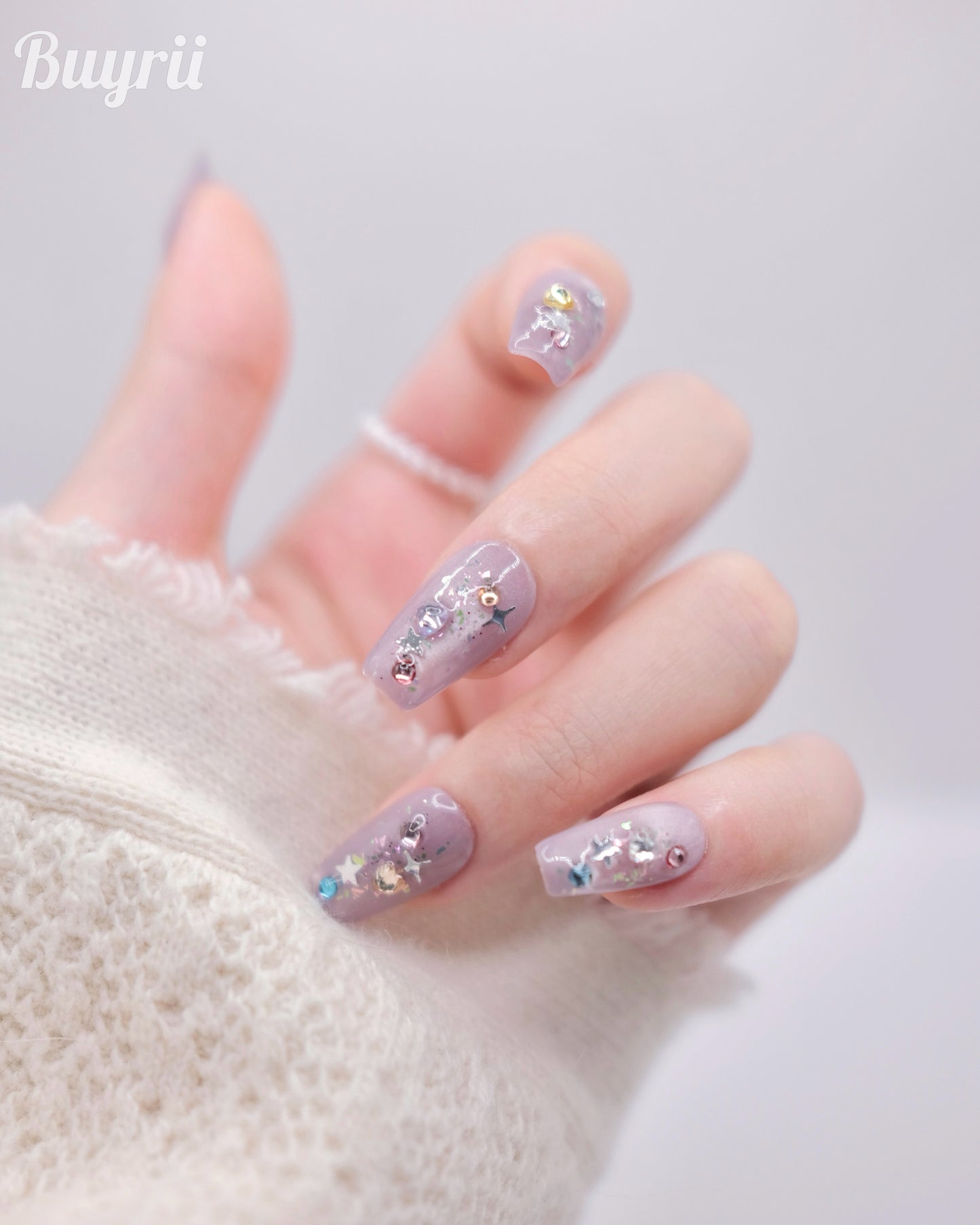 Mid-Long Coffin Purple Cateye Colorful Gem Press On Nails