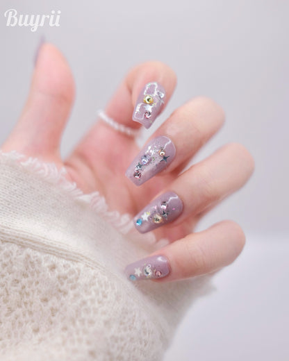 Mid-Long Coffin Purple Cateye Colorful Gem Press On Nails