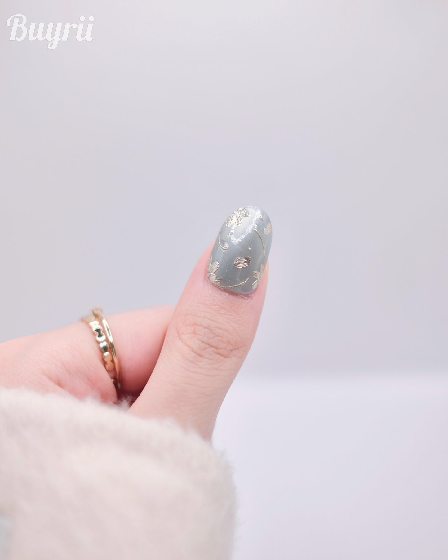 Mid-Long Oval White & Blue With Embossed Flower Press On Nails