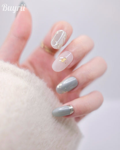 Mid-Long Oval White & Blue With Embossed Flower Press On Nails