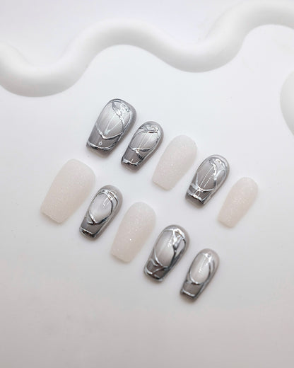 Mid-Long Coffin Mirror Black & Cat eye White Press On Nails
