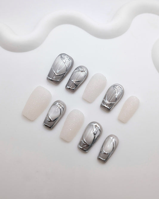 Mid-Long Coffin Mirror Black & Cat eye White Press On Nails