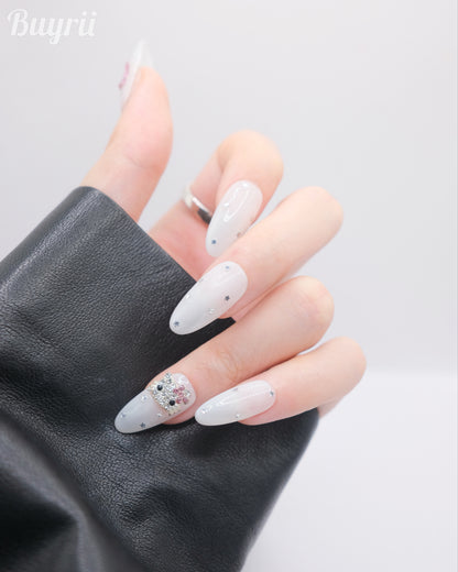 Long Oval White & Black Hello Kitty Diamond Accessories Press On Nails