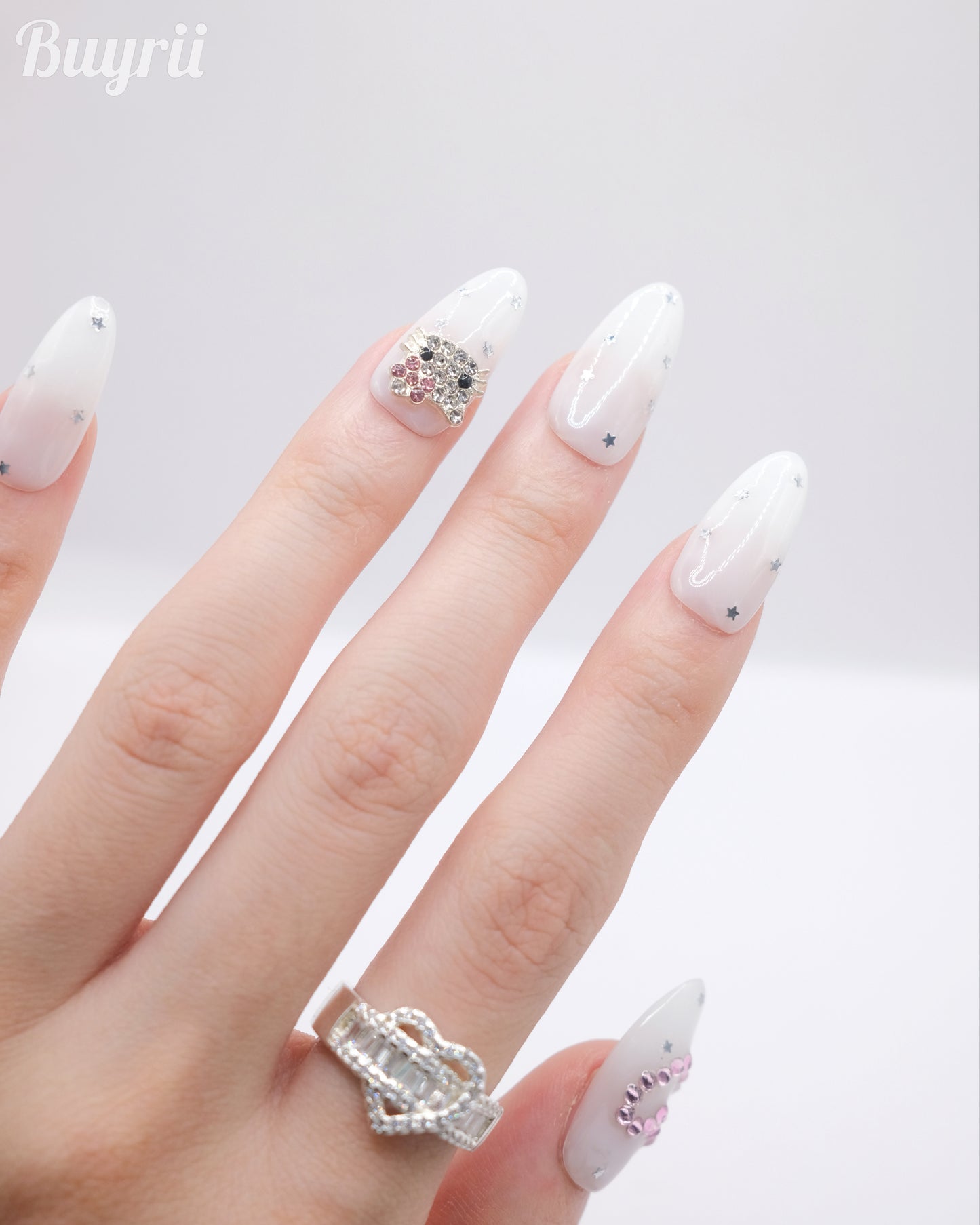 Long Oval White & Black Hello Kitty Diamond Accessories Press On Nails