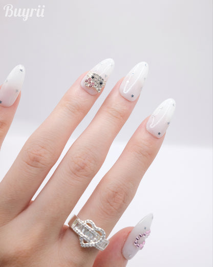 Long Oval White & Black Hello Kitty Diamond Accessories Press On Nails