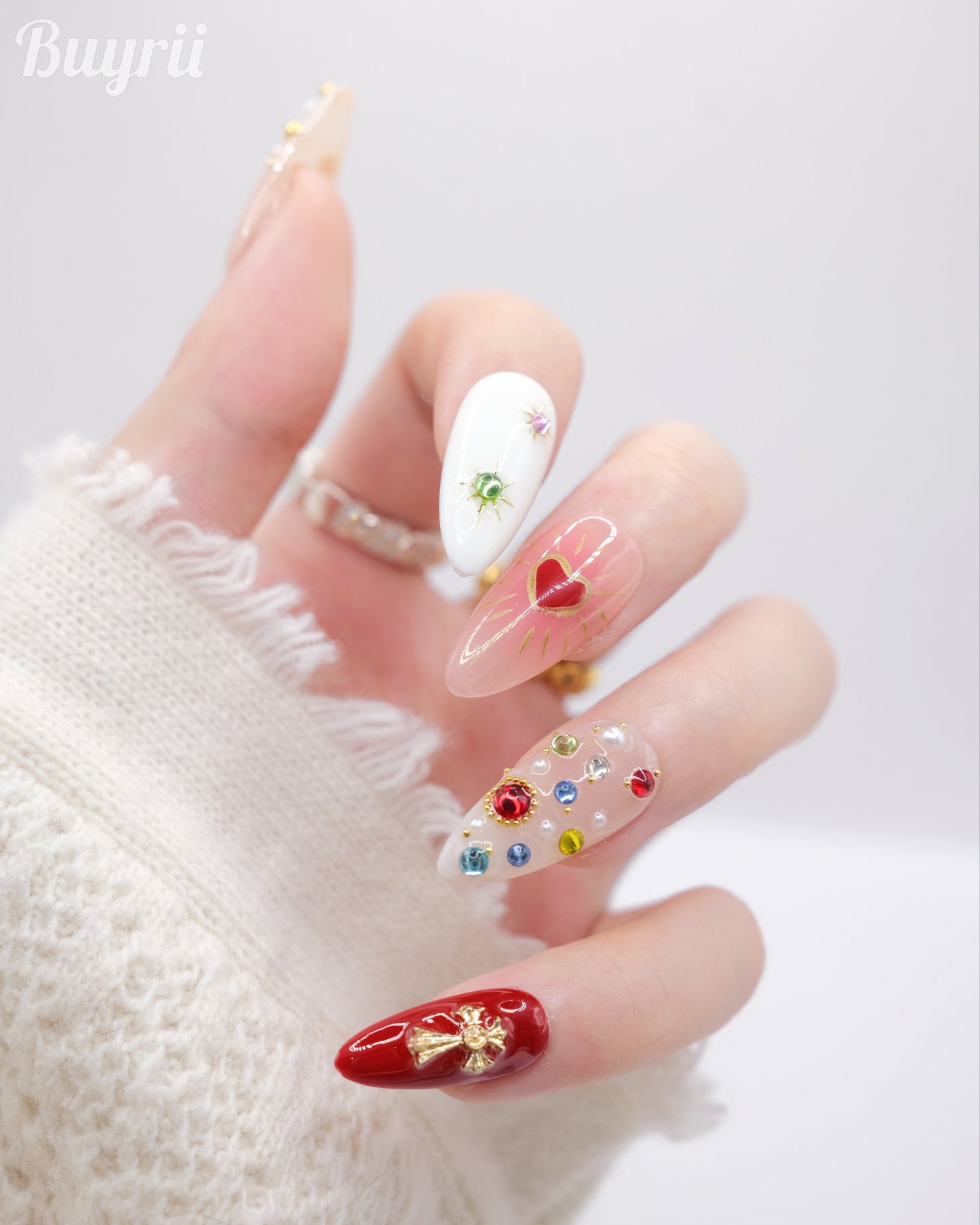 Long Almond Colorful Magic Stones & Gold Cross Press On Nails