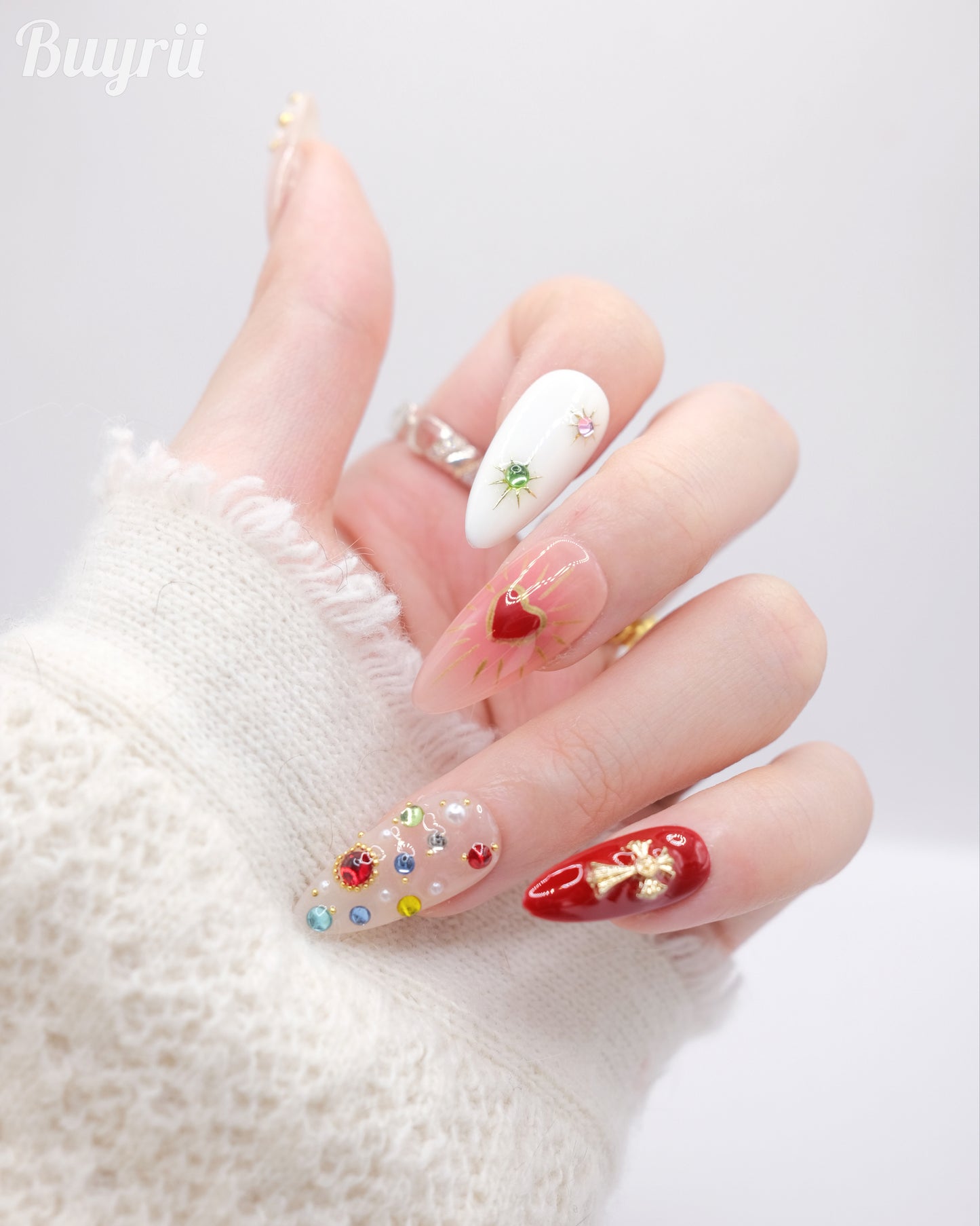 Long Almond Colorful Magic Stones & Gold Cross Press On Nails