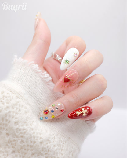 Long Almond Colorful Magic Stones & Gold Cross Press On Nails