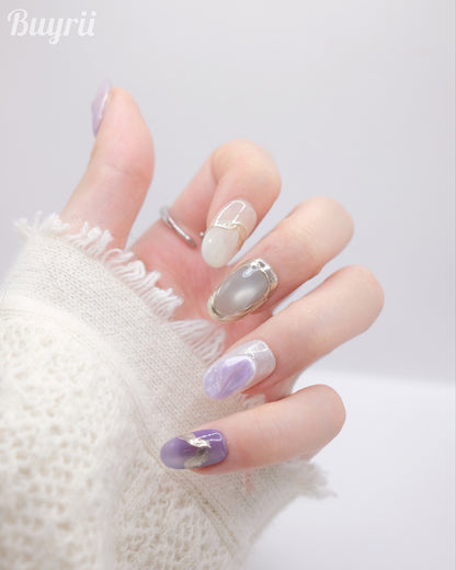 Mid-Long Oval Violet 3D Press On Nails