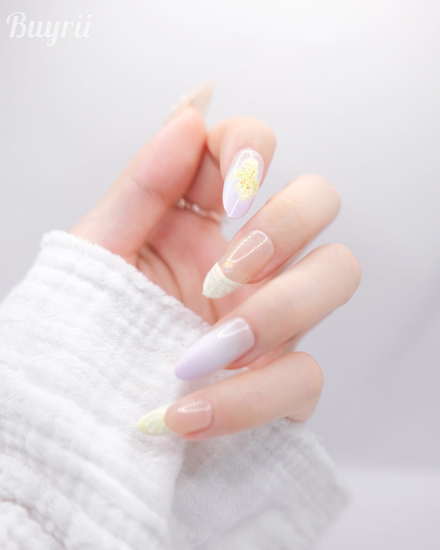 Long Oval Colorful Summer Flower French Manicure Press On Nails