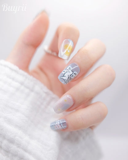 Short Coffin Light Blue & White Naughty Cat Press On Nails