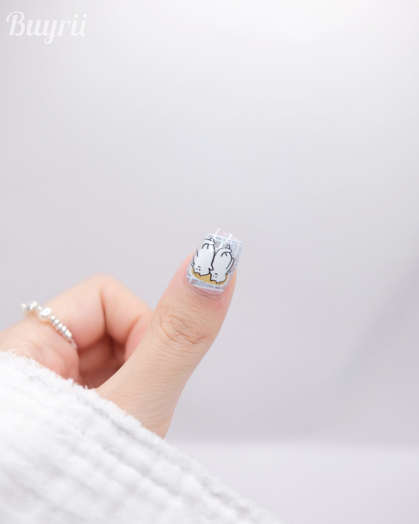 Short Coffin Light Blue & White Naughty Cat Press On Nails