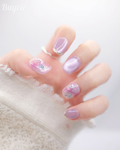 Short Purple Shiny Cateye Press On Nails