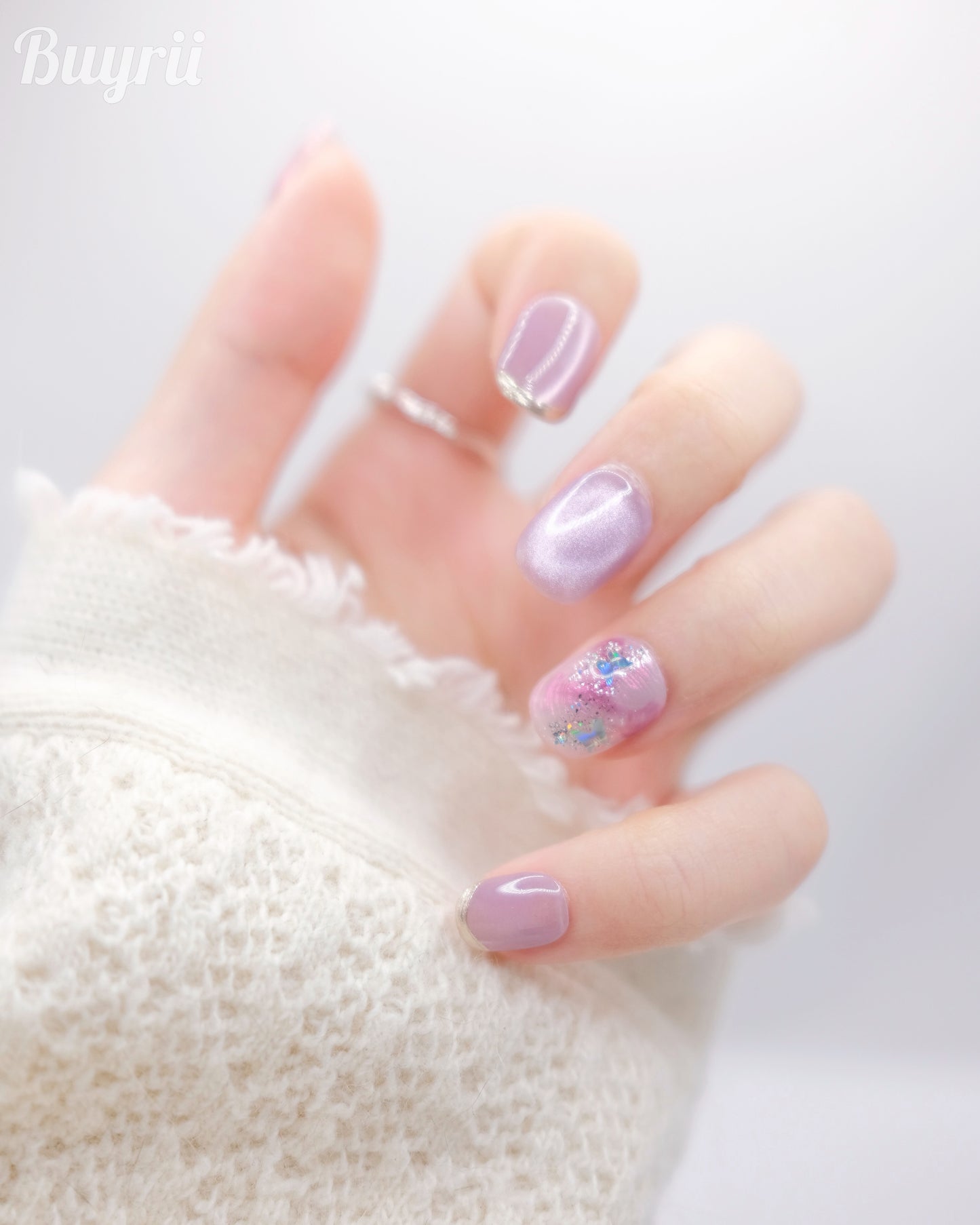 Short Purple Shiny Cateye Press On Nails