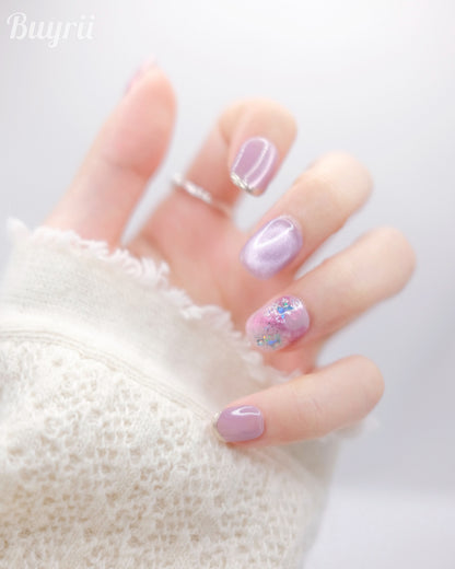 Short Purple Shiny Cateye Press On Nails