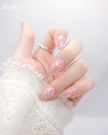 Mid-Long Oval Cateye Pink Diamond Shiny Bowtie Press On Nails