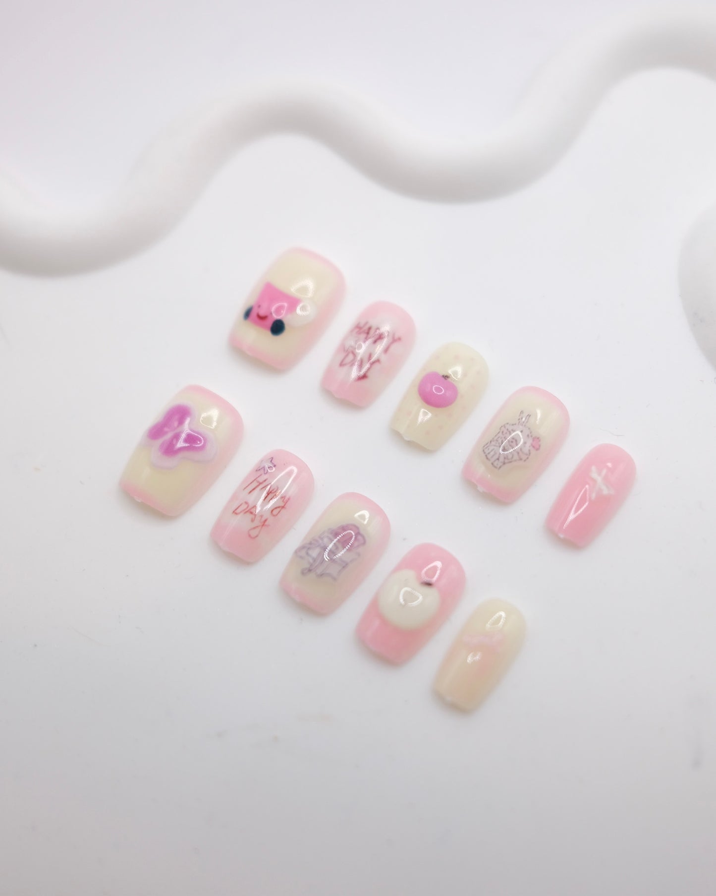 Short Coffin Creamy White & Pink Cute Teacup Press On Nails