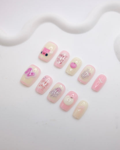 Short Coffin Creamy White & Pink Cute Teacup Press On Nails