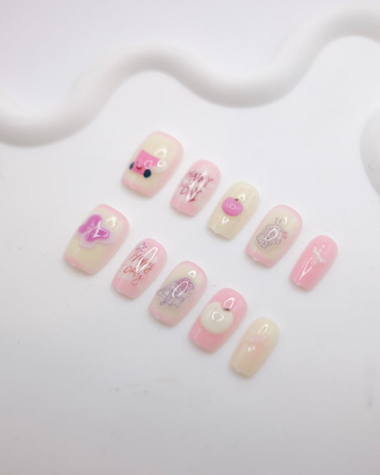 Short Coffin Creamy White & Pink Cute Teacup Press On Nails
