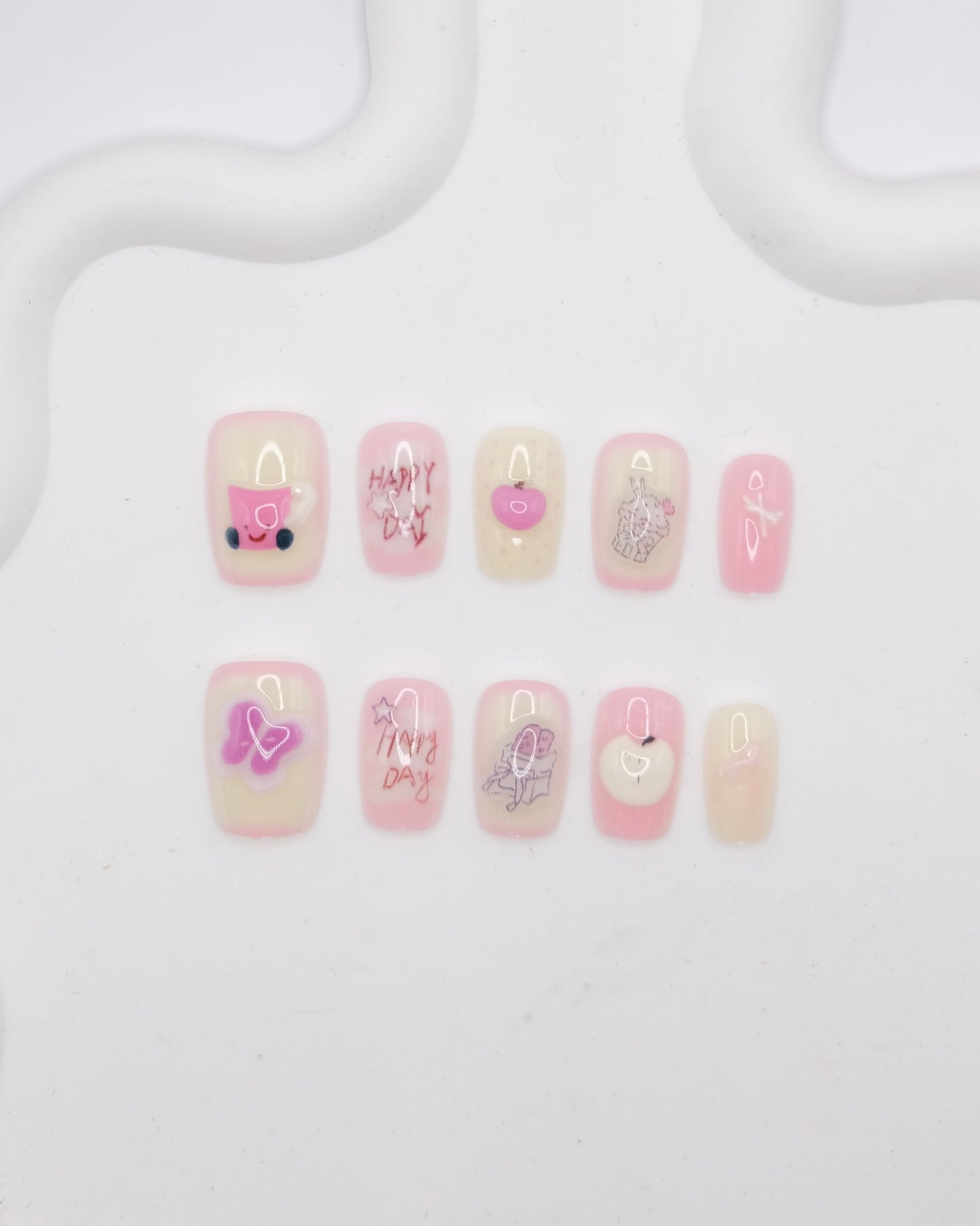 Short Coffin Creamy White & Pink Cute Teacup Press On Nails