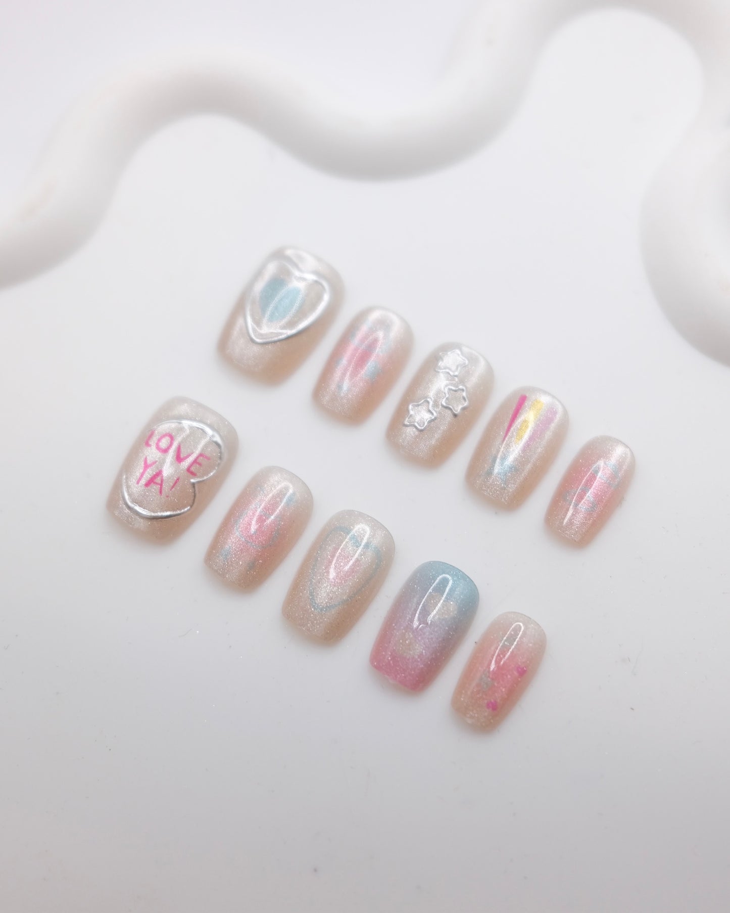 Short Coffin Colorful Cateye Dreamy Love Press On Nails