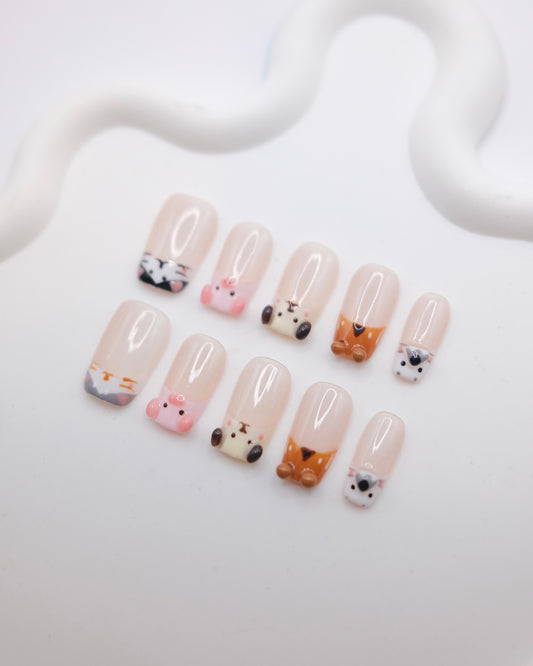 Mid Coffin Nude Color Cute Zoo French Manicure Press On Nails