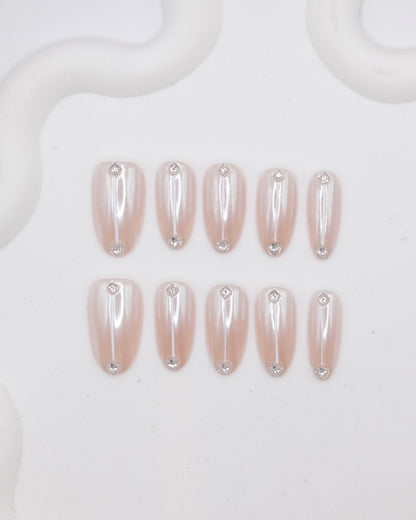 Long Almond Nude Color Magic Mirror With Diamond Press On Nails