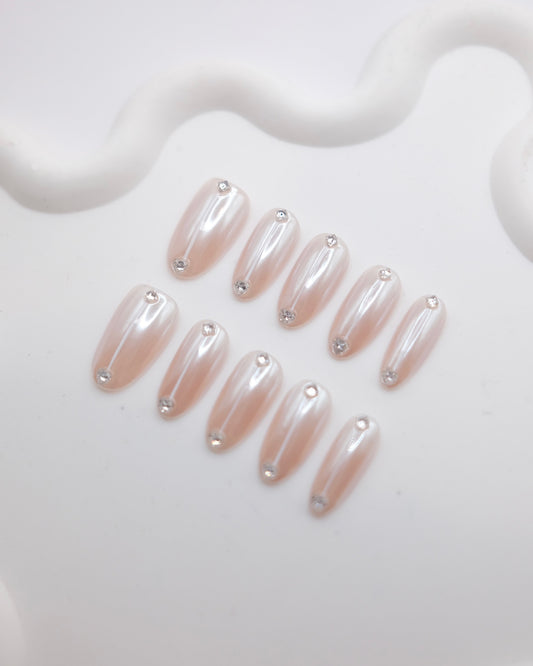 Long Almond Nude Color Magic Mirror With Diamond Press On Nails