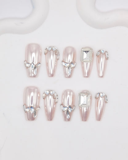 Long Coffin Magic Mirror Pink With Diamond Press On Nails