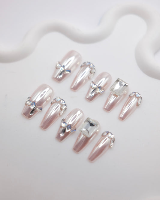 Long Coffin Magic Mirror Pink With Diamond Press On Nails