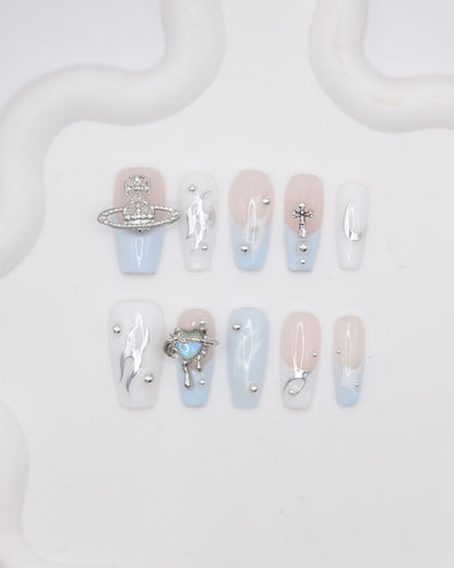 Long Coffin Blue & White 3D Saturn With Love Heart Press On Nails