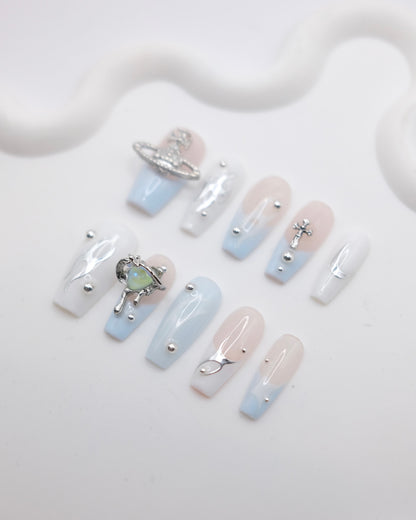 Long Coffin Blue & White 3D Saturn With Love Heart Press On Nails