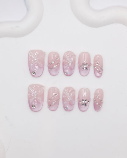 Mid-Long Oval Cateye Purple French Manicure Embossed Butterfly Press On Nails