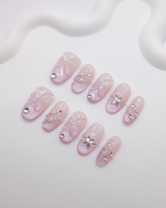 Mid-Long Oval Cateye Purple French Manicure Embossed Butterfly Press On Nails