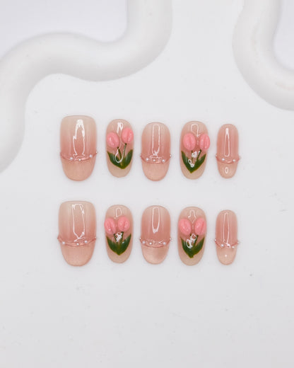 Mid-Long Oval Pink Cateye Tulip French Manicure Press On Nails