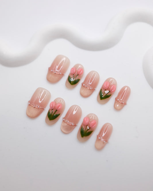 Mid-Long Oval Pink Cateye Tulip French Manicure Press On Nails